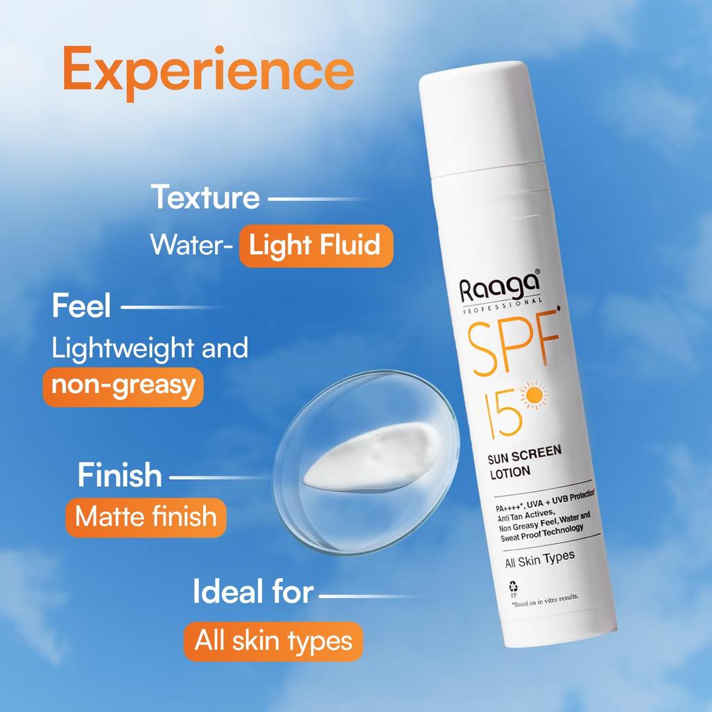 Raaga Professional SPF 15 Sunscreen Lotion PA++++ UVA UVB Protection Non-Greasy Water Proof 55 Ml
