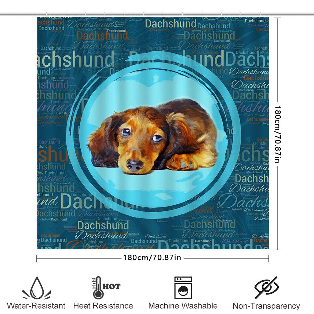 Adorable Dachshund Shower Curtain Blue Background With Red Furry Dog Design For Bathroom Decor Includes Hooks Custom Size Availa