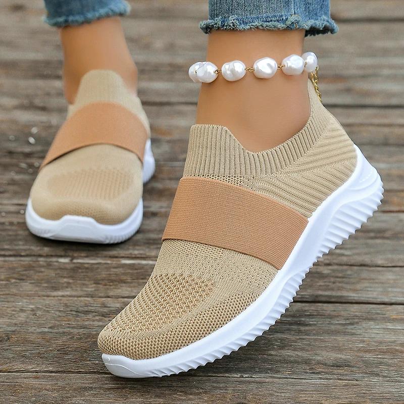 Spring Summer Casual Knitting Sneakers Women Slip On Breathable Mesh Flats Woman Comfortable Non Slip Thick Sole Running Shoes