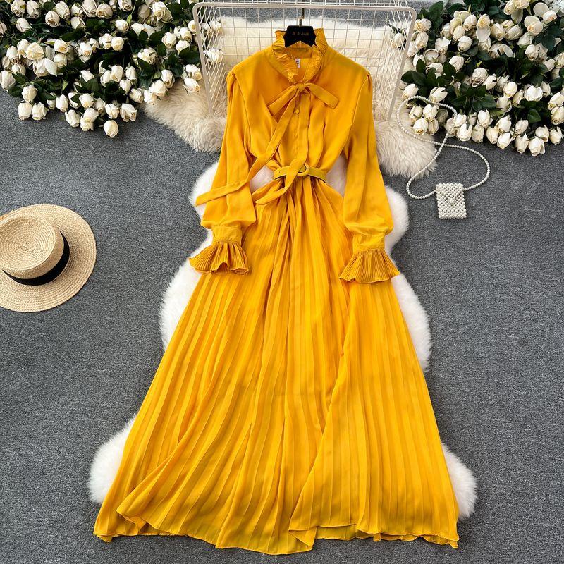 Long Sleeves Dress Spring Women's 2024 New Arrival French Elegant Retro Bows Shoelace Waist-Controlled Large Hem Chiffon Dress