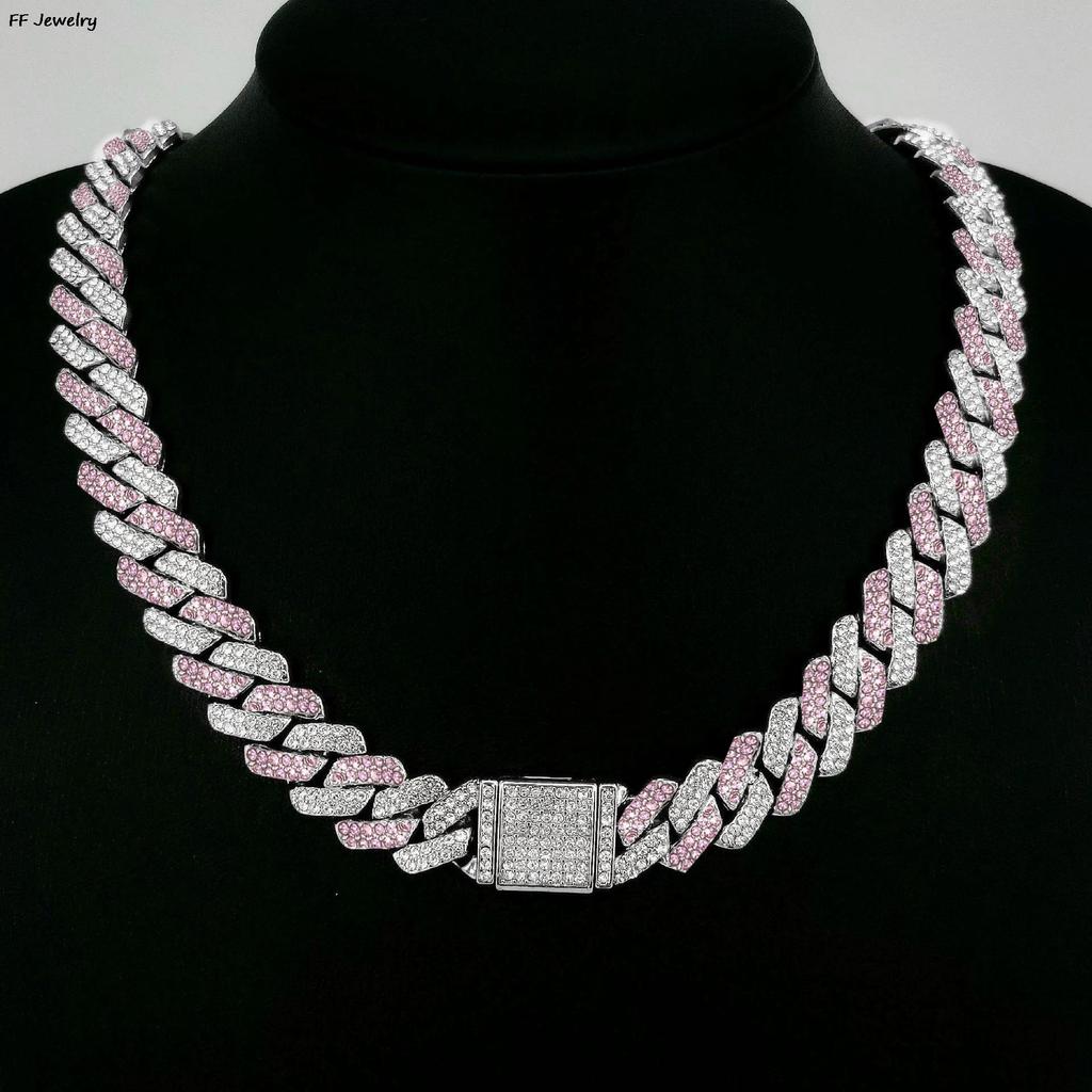 Necklace+Bracelet Cuban Link Chain Hip Hop Men Necklace 14mm Iced Out Paris Chain 2 Row Rhinestone Paved Miami Rhombus Cuban