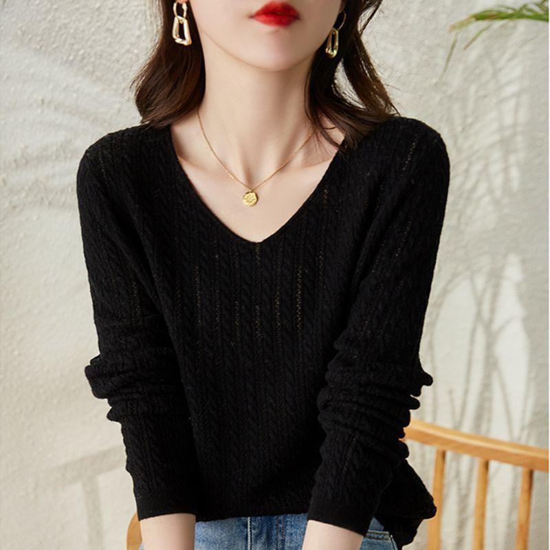 V-Neck Fried Dough Twists Sweater Women's Loose Autumn and Winter Top Pullover Solid Bottoming Knit