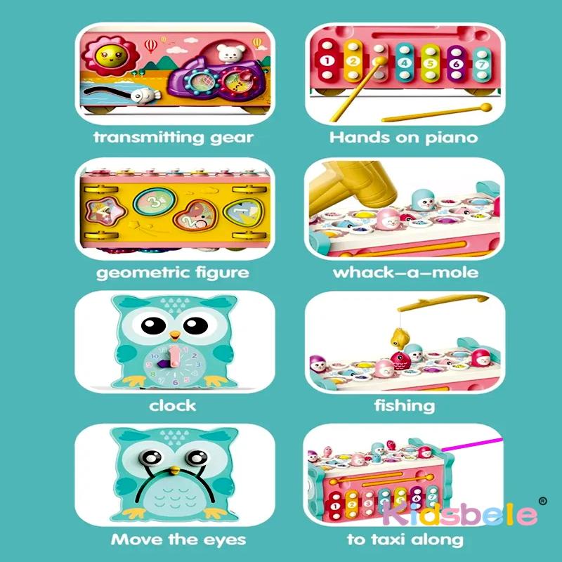Kids Montessori 8 In 1 Fishing Game Educational Sensory Hammering Toy Activities Cube Whack A Mole Toy Toddler Birthday Gift