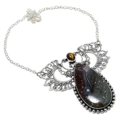 Natural Boulder Opal, Tiger Eye Gemstone 925 Sterling Silver Necklace 18" U6W85