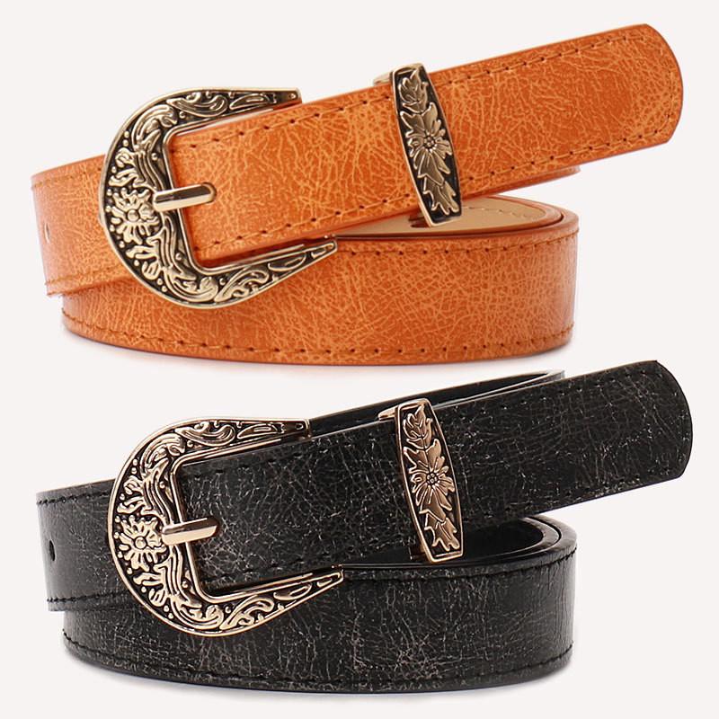 Vintage Style Leather Belt For Women With Alloy Buckle And Pin Closure