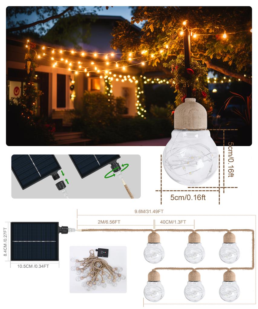 Solar Outdoor String Lights, 9.5m 20bulbs Rope Hemp Solar Patio Lights, Waterproof Warm White Solar Powered String Lights With 8
