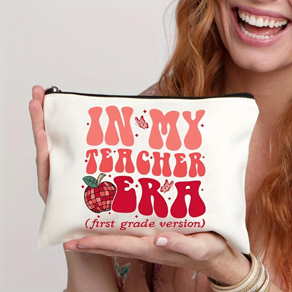 Simple "In My Teacher Era" Pattern Makeup Bag, Portable Travel Pouch Cosmetics Storage Bag, Toiletry Bag For Teachers Gift