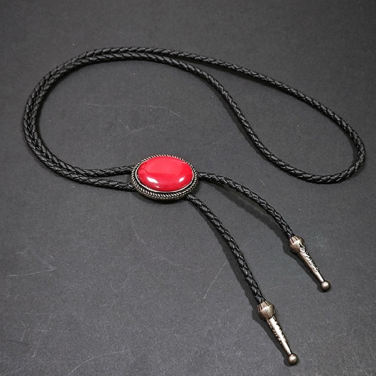 Western Shoestring Necktie Braided Belt Tie Cool Charm Engraved Stone Pendant for Women Men