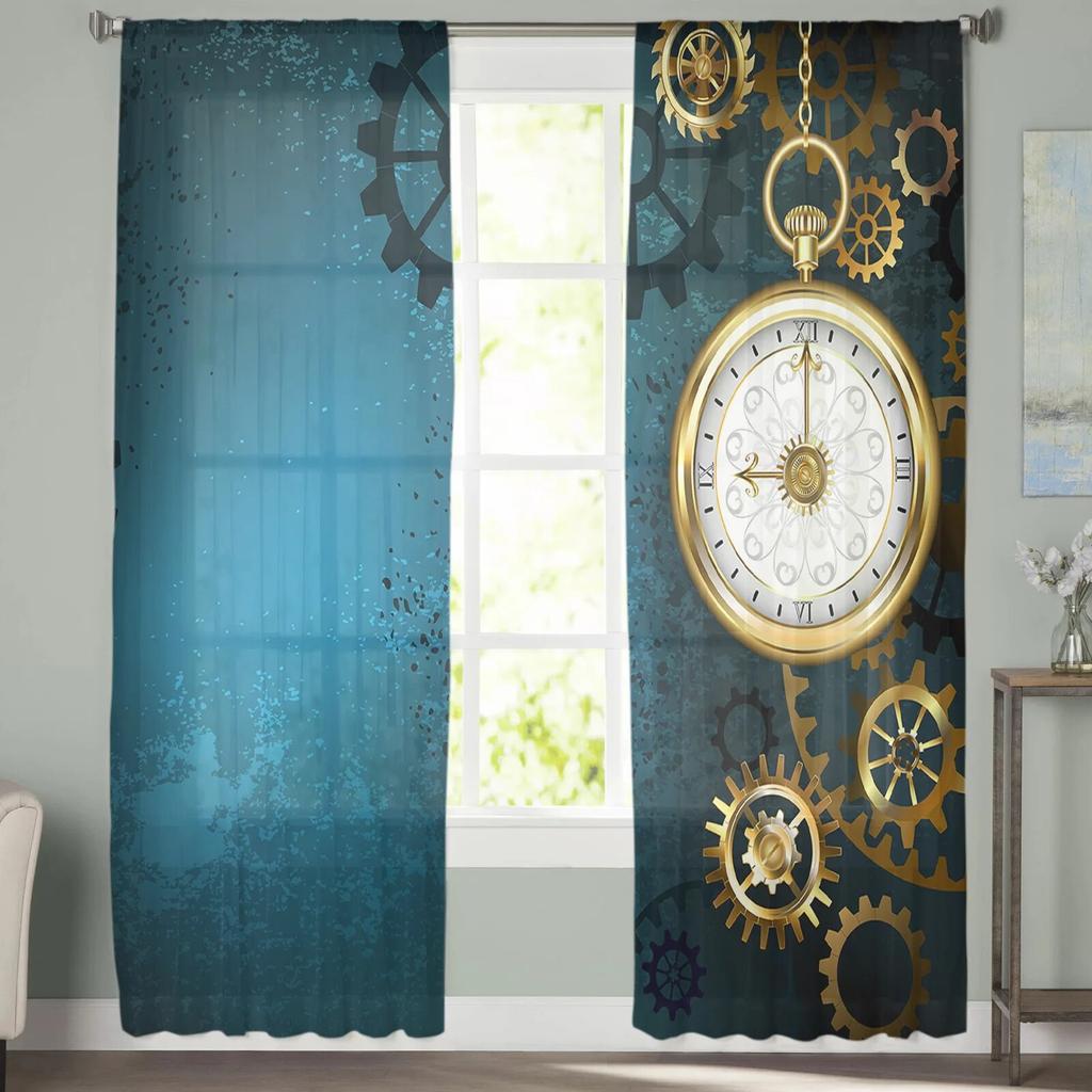 Clock Blue Background Chiffon Sheer Curtains For Living Room Home Decoration Window Voile Tulle Curtain Drapes