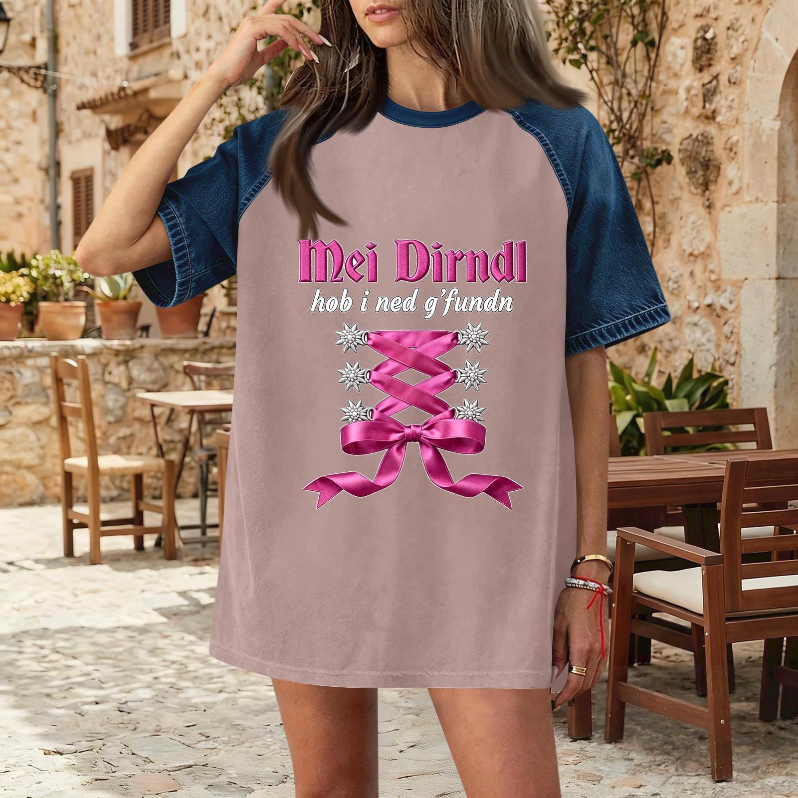 

Casual Women Denim Patchwork Oktoberfest Print Top Comfortable Short Sleeve T Shirt Loose Fit Fashionable Design XL рожевий