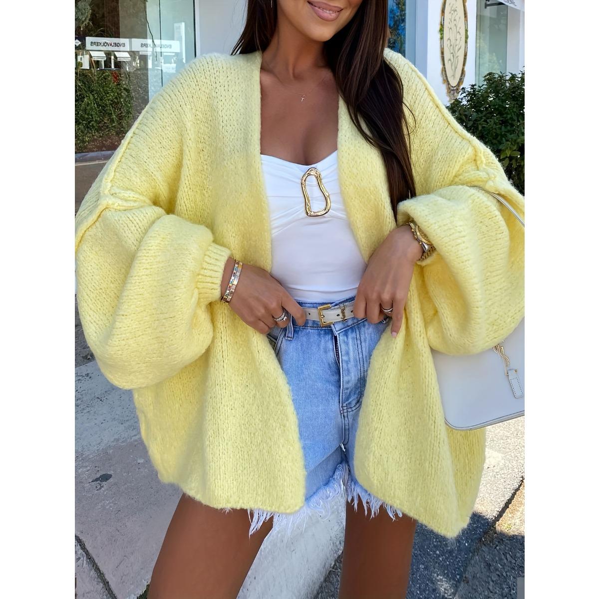 

Women s Fall Winter New Lantern Sleeve Knit Cardigan, Korean Style Loose Lazy Bark Texture Knit Outerwear Coat S жёлтый