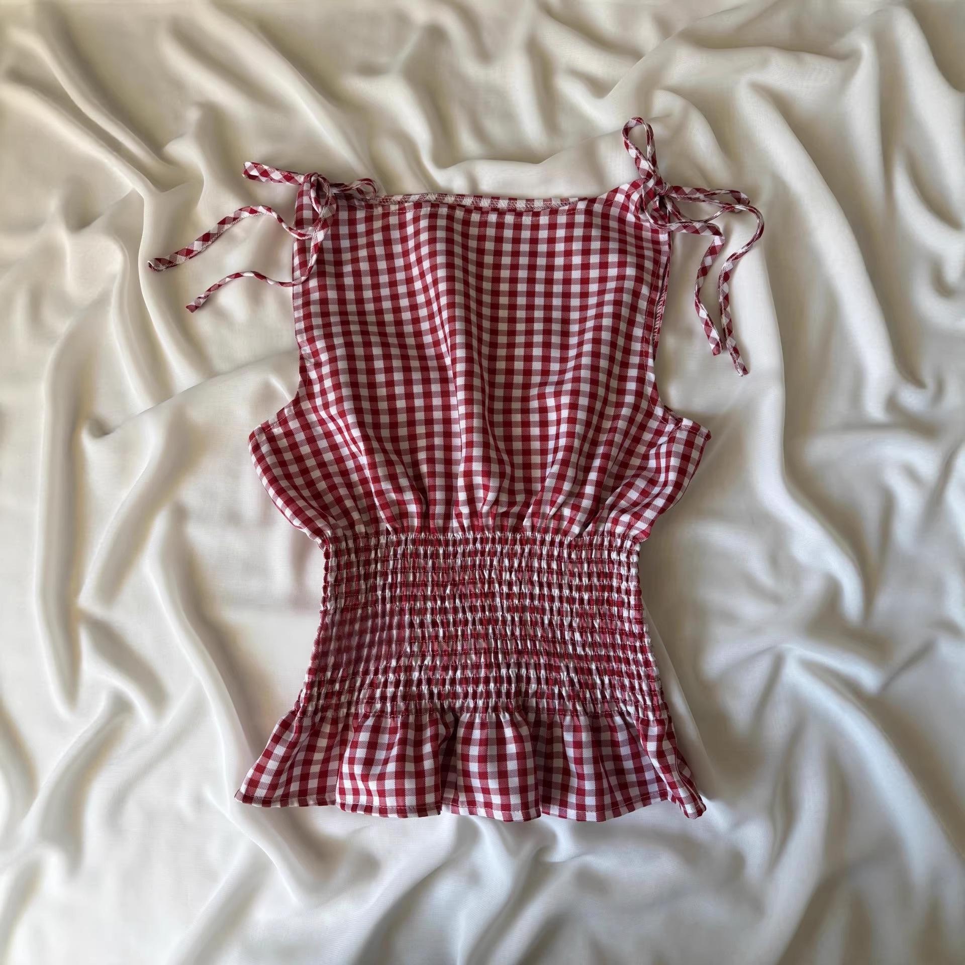 2026 Red & White Plaid Lace-up Ruffle Sleeveless Vest - Sweet & Spicy Style Medium красный