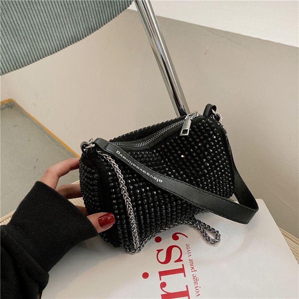 Large Capacity Small Square Bag Zipper Chain Shoulder Bag Personality Rhinestone Handbag  Party