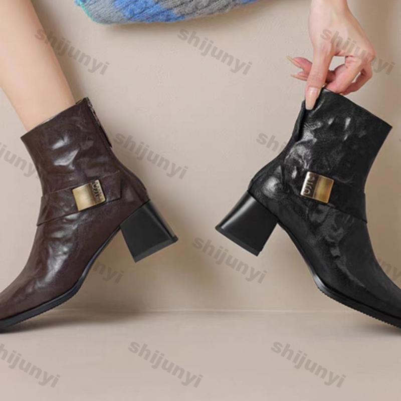 Vintage Square Toe Ankle Boots for Women Autumn Winter Zipper Black Thick Heels Short Boots Woman PU Leather Botas Mujer