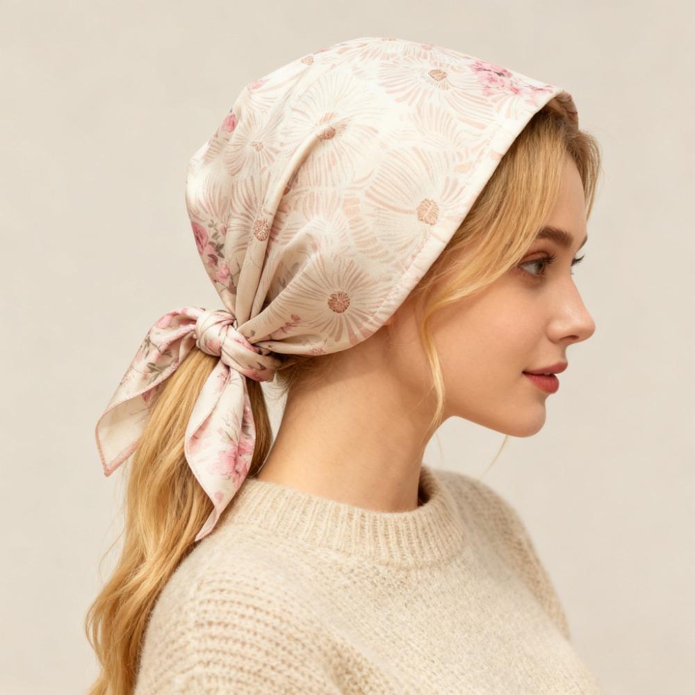 68Cm Pink Daisy Printed Scarf Women'S Autumn And Winter Polyester Fiber Scarf Versatile Warm Sun Protection Headscarf Neck Shawl