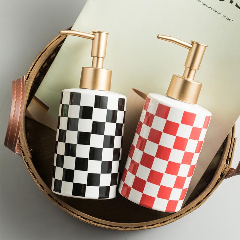 Ceramic Checkerboard Lotion Bottle Hand Sanitizer Bath Gel Separate Bottle Household Lotion Press Bottle Soap Dispenser