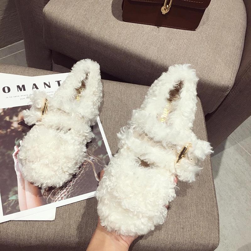 Fashion Celebrity Curly lamb wool flats woman metal buckle band furry mary janes ladies winter shoes plush loafers sheep fur moccasins