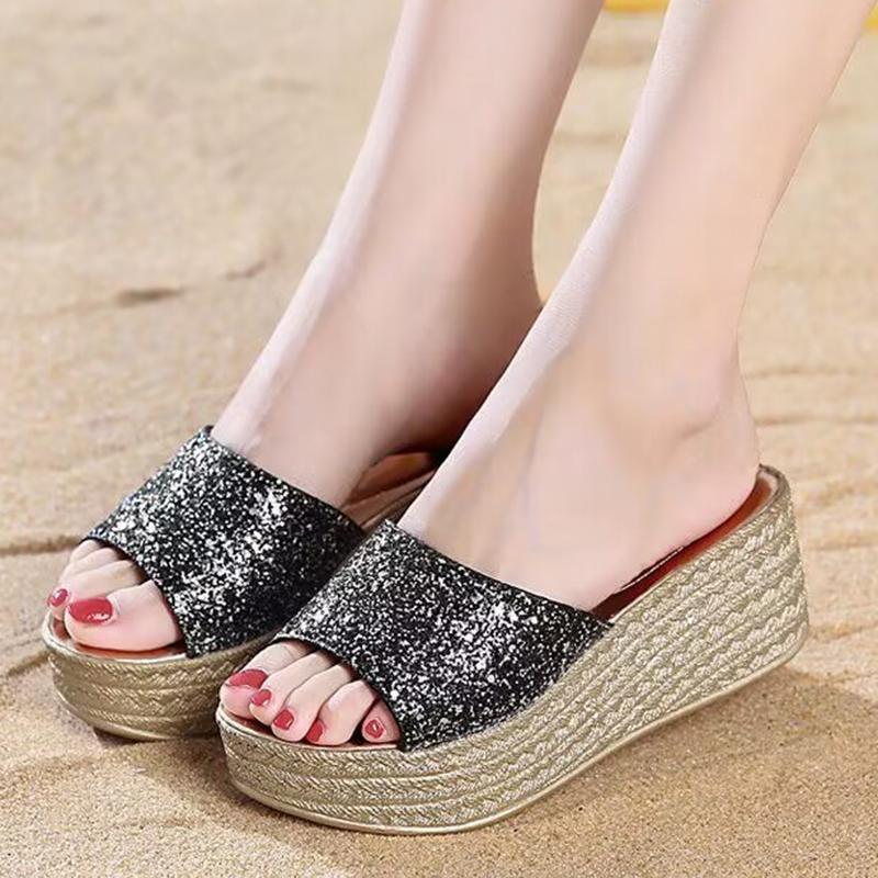 Lucyever Gold Silver Sequins Wedges Slippers for Women 2024 Summer Open Toe Platform Sandals Woman High Heels Slides Ladies 40