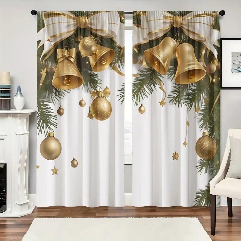 Set Of 2 Christmas Bell Print Curtains Suitable Bedroom Living Room Kitchen Decoration Home Window Curtain Polyester Perfect For