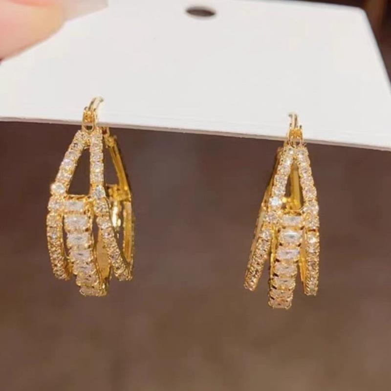 Fashionable Style Geometric Square Stud Earrings with Three Layers of Micro-set Zirconia Stones for Women