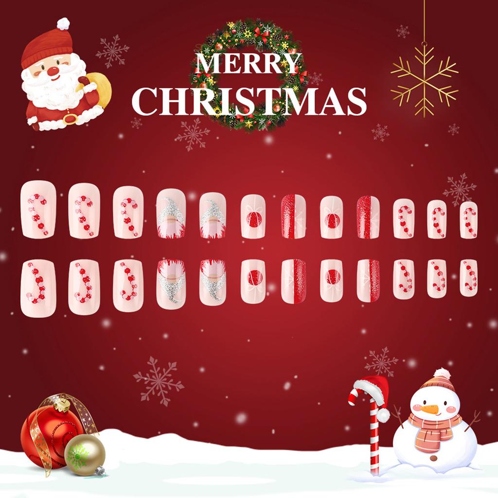 Christmas Pink Press on Nails with Flash Glitter Sweet & Charming Reusable False Nails for Women and Girl Nail Salon