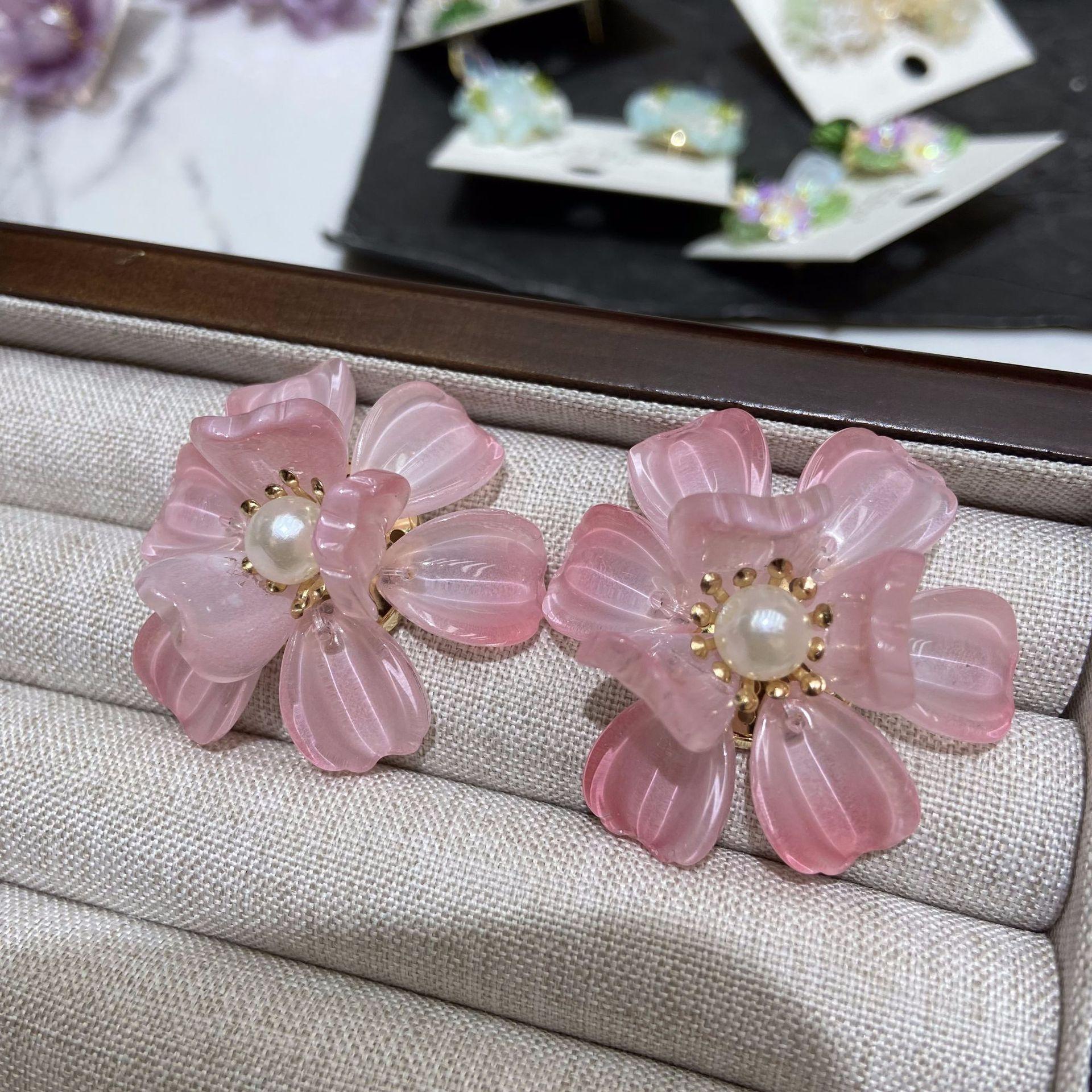 Pink Super Fairy Light Luxury Double-Layer Pearl Five-Petal Flower Diy Hand-Woven Earrings