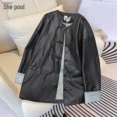 Women's New Chinese Style Buttoned PU Leather Jacket