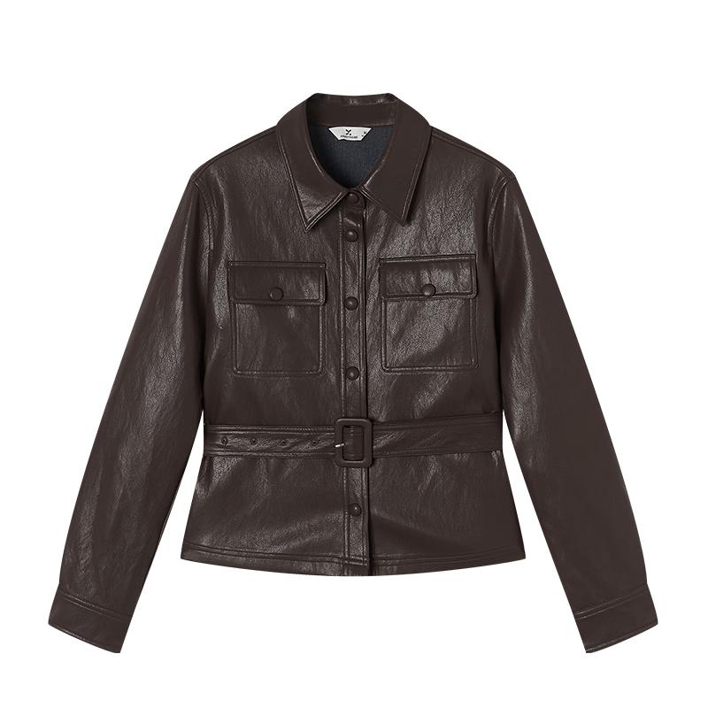 Xiangying Women s Maillard Brown Retro PU Leather Biker Jacket L