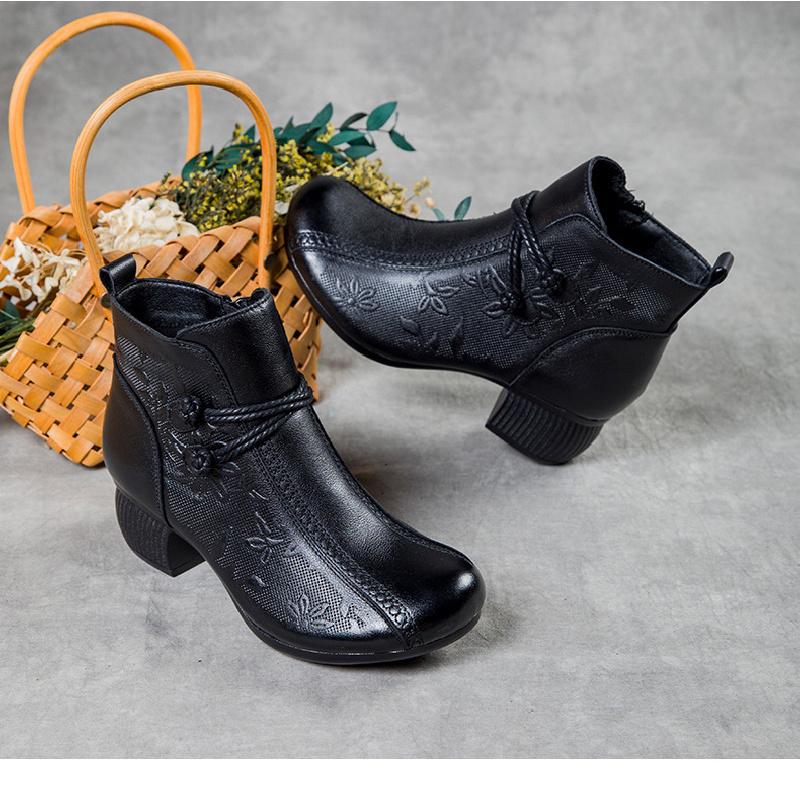 New Women's Retro Chunky Heel Short Boots, Genuine Leather Round Toe Shoes, Non-Slip for Fall/Winter, Commuting & Casual