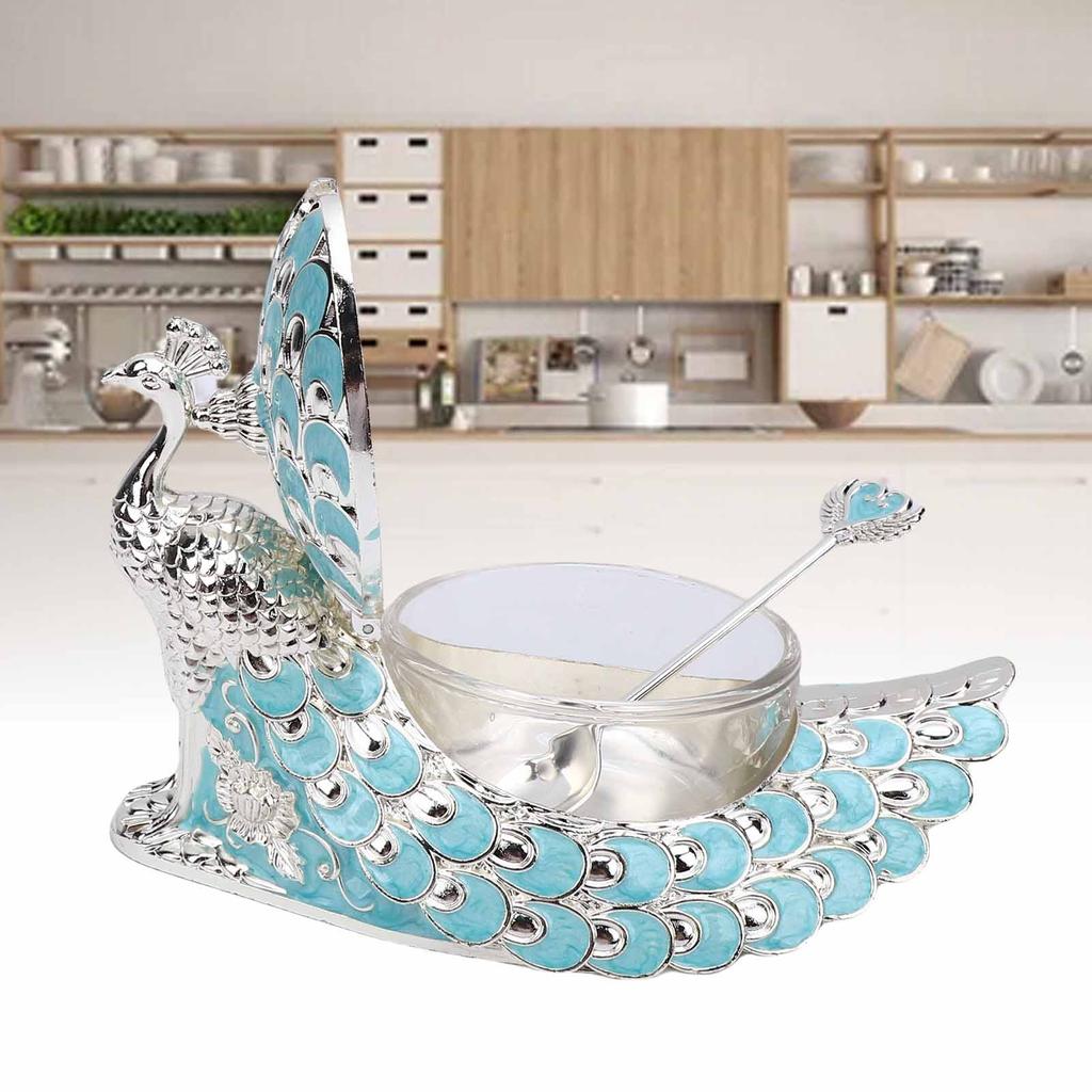 Peacock Sugar Jar Vintage Exquisite Embossed Metal Sugar Canister with Lid and Spoon for Home Hotel Coffee Shop