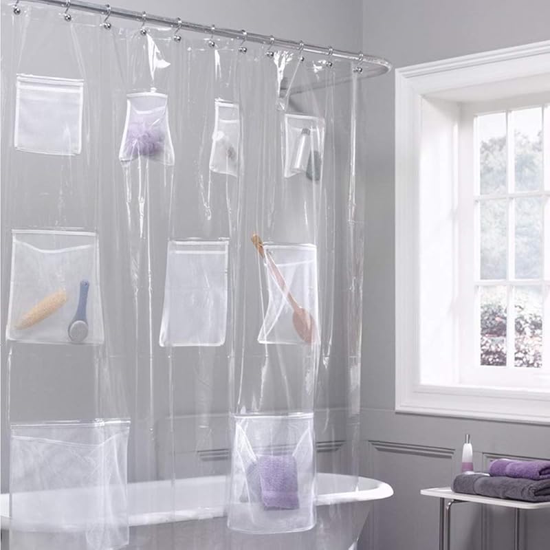 Waterproof Fabric Shower Curtain or Liner Bath Organizer with 9 Mesh Pockets (Clear)