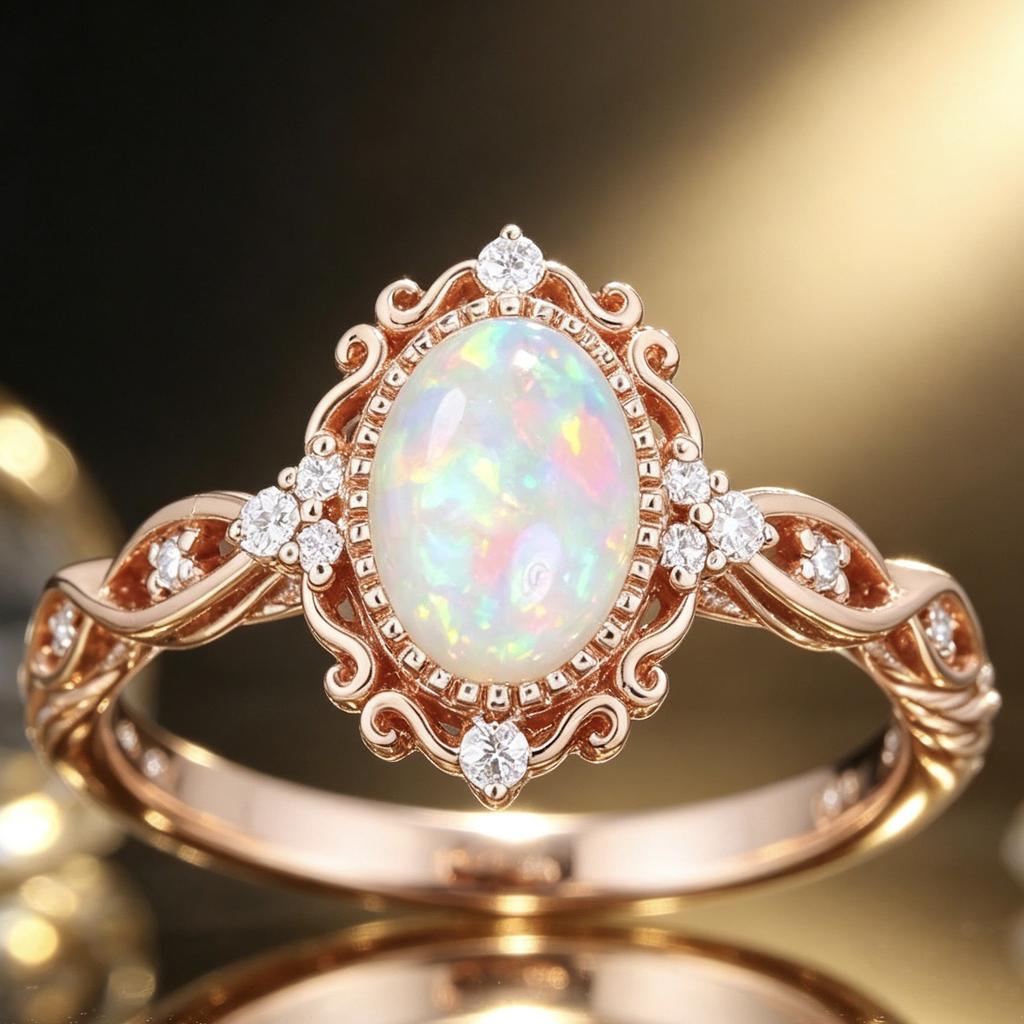 Women's Vintage Rose Gold Oval Flame Agate Ring Elegant Synthetic Zircon Inlaid Statement Ring Bohemian Infinity Ring Engagement Ring Anniversary