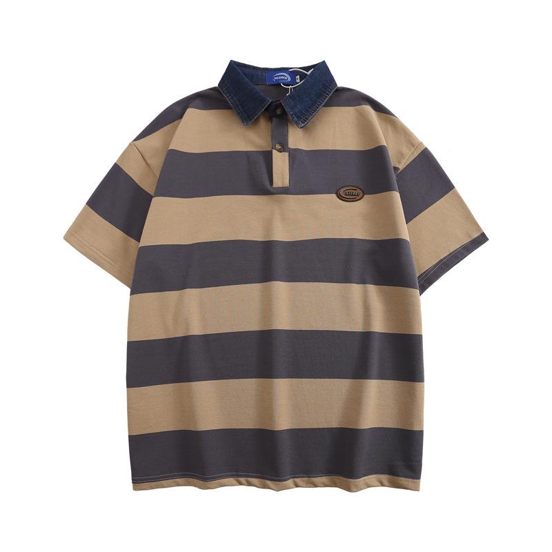 Splicing Contrasting Color Striped Short-Sleeved Polo Shirt Men'S American Retro Design Loose Bf Style Casual Couple Top