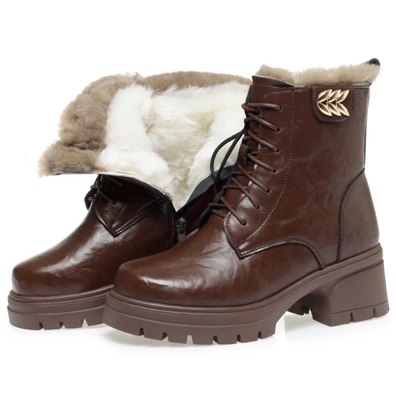 2025 New High Quality Genuine Leather Plush Women's Ankle Boots Winter Warm Wool Women's High-heeled Snow Boots Botas Para Mujer