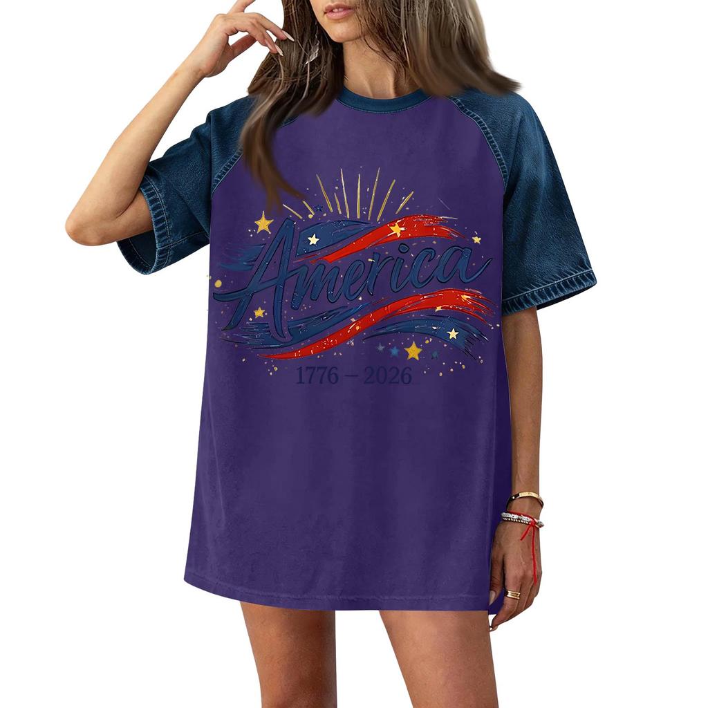 Women's Casual Short Sleeve T-Shirt Denim Patchwork Top 250th Independence Day Graphic Print Comfortable Fit Relaxed Style