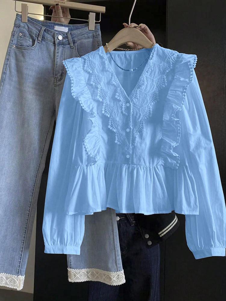 2026 Autumn Women's Casual Lace Patchwork Ruffle Long Sleeve Top