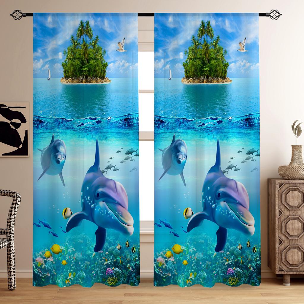 2 szt. Zasłony z motywem oceanu i wzorem ryb, dekoracyjne zasłony okienne z tunelem na karnisz, dekoracje okienne do sypialni, salonu, wystroju domu