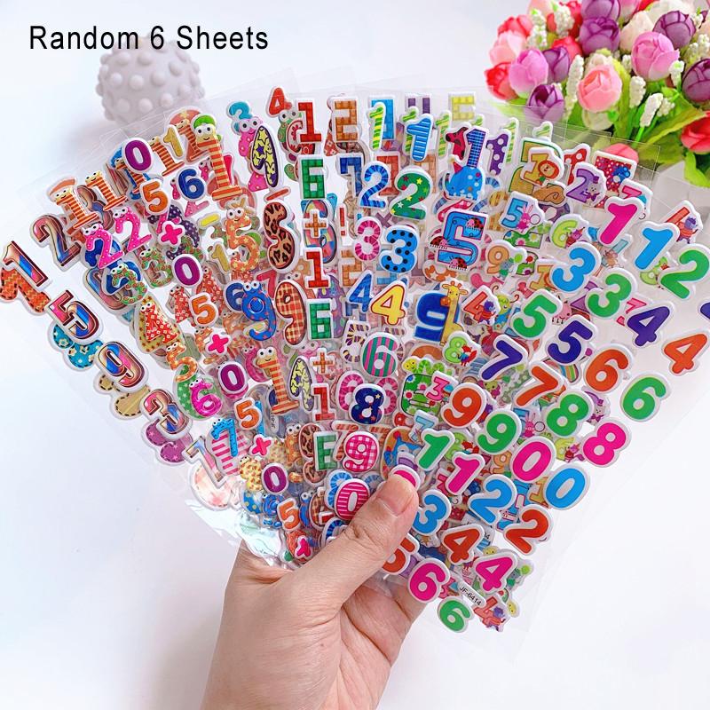 6 Sheets 3D Cartoon Stickers Waterproof Bubble PVC DIY Sticker Number Alphabet Girls Boys Kids Children Gifts GYH