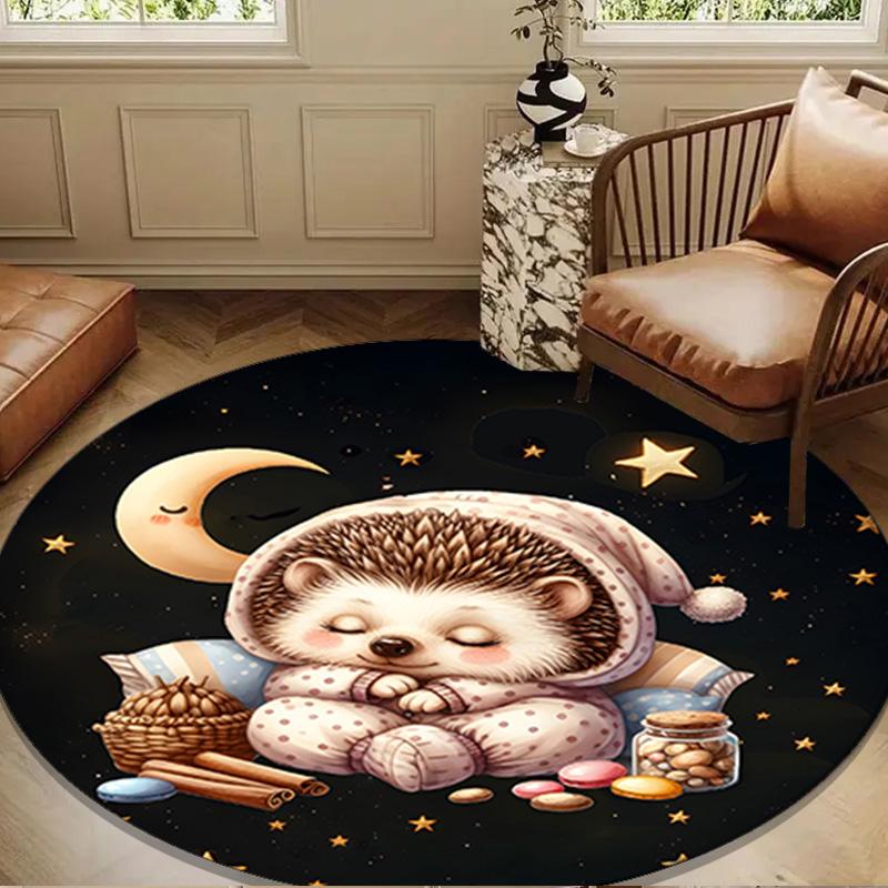 Sleepy Hedgehog Dreams Round Rug for Livingroom,Bedroom, Palyroom, Chair Rug, Area rug, Circle Carpet, Large Size Fan Christmas gift