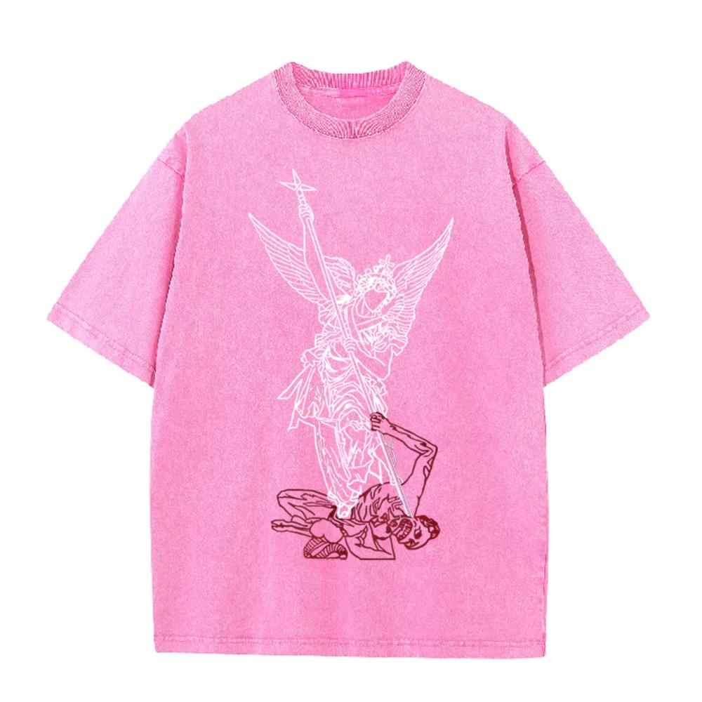 2026 Vintage Line Art Archangel Spear Demon Graphic Black Acid Washed T Shirt Retro Religious Angel Streetwear Casual Oversized