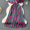 Vintage Elegant V Neck Split Print Short Sleeve Dress Chic Slim A Line Vestidos Summer Vacation Party Women Fashion Dresses