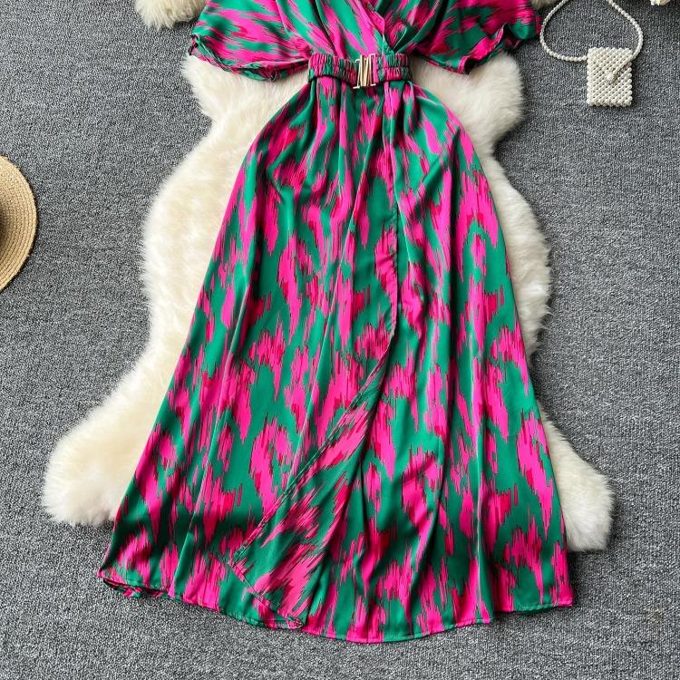 Vintage Elegant V Neck Split Print Short Sleeve Dress Chic Slim A Line Vestidos Summer Vacation Party Women Fashion Dresses