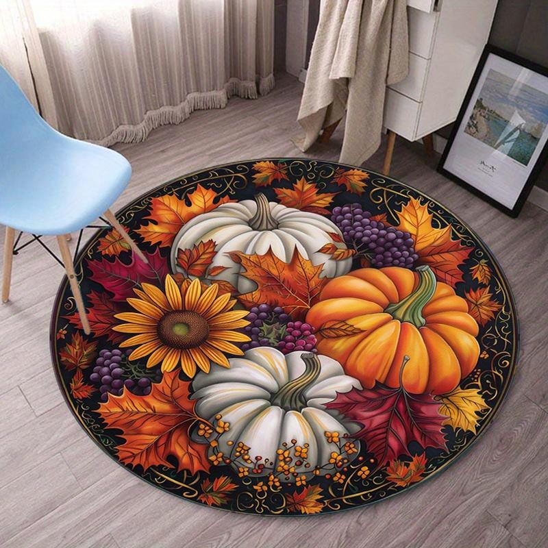 

Autumn Harvest Pumpkin Sunflower Round Rug Fall Seasonal Decor Thanksgiving Home Floor Mat Nature Inspired Design 60cm