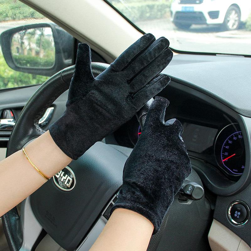 Women's Gold Velvet Etiquette Gloves - Knitted Warm Five-Finger Design for Autumn and Winter