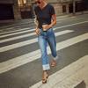 Jeans Dritti a Vita Alta da Donna con Fondo Risvoltato Denim Elasticizzato Vintage