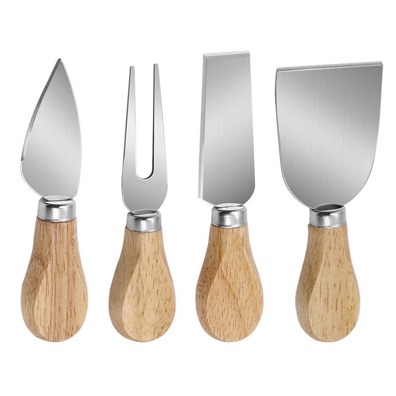 Stainless Steel Cheese Knife Set with Oak Handles: Butter Knife, Pizza Knife, Cheese Knife, and Fruit Fork (4-Piece)