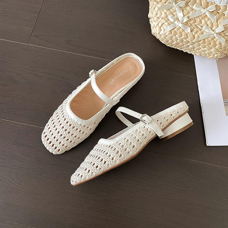 

Grape mother same retro woven hollow square head word with sandals Muller half slippers women s summer large size 41-43 43 белый