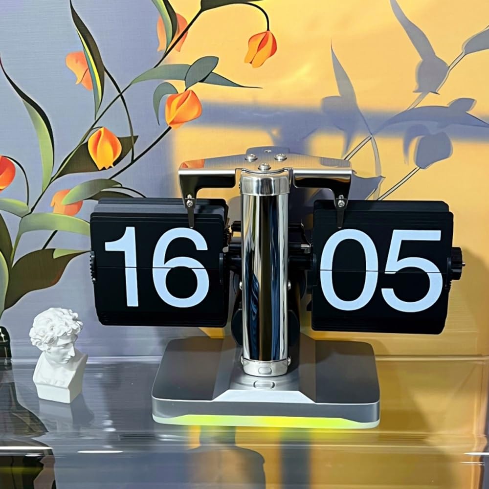 

Automatic Flip Clock Retro Simple Home Table Clock Single Foot Stainless Steel Quartz Movement Flip Clock with Night Light Silver