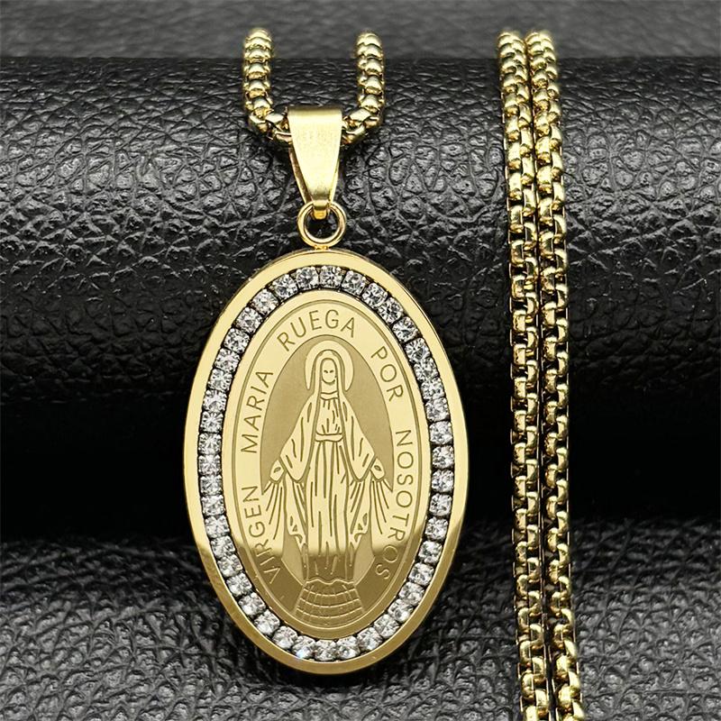 Jungfrau Maria Katholischer Anhänger Halskette für Damen Herren Edelstahl Gold Silber Farbe Unsere Liebe Frau Kette Schmuck Halskette