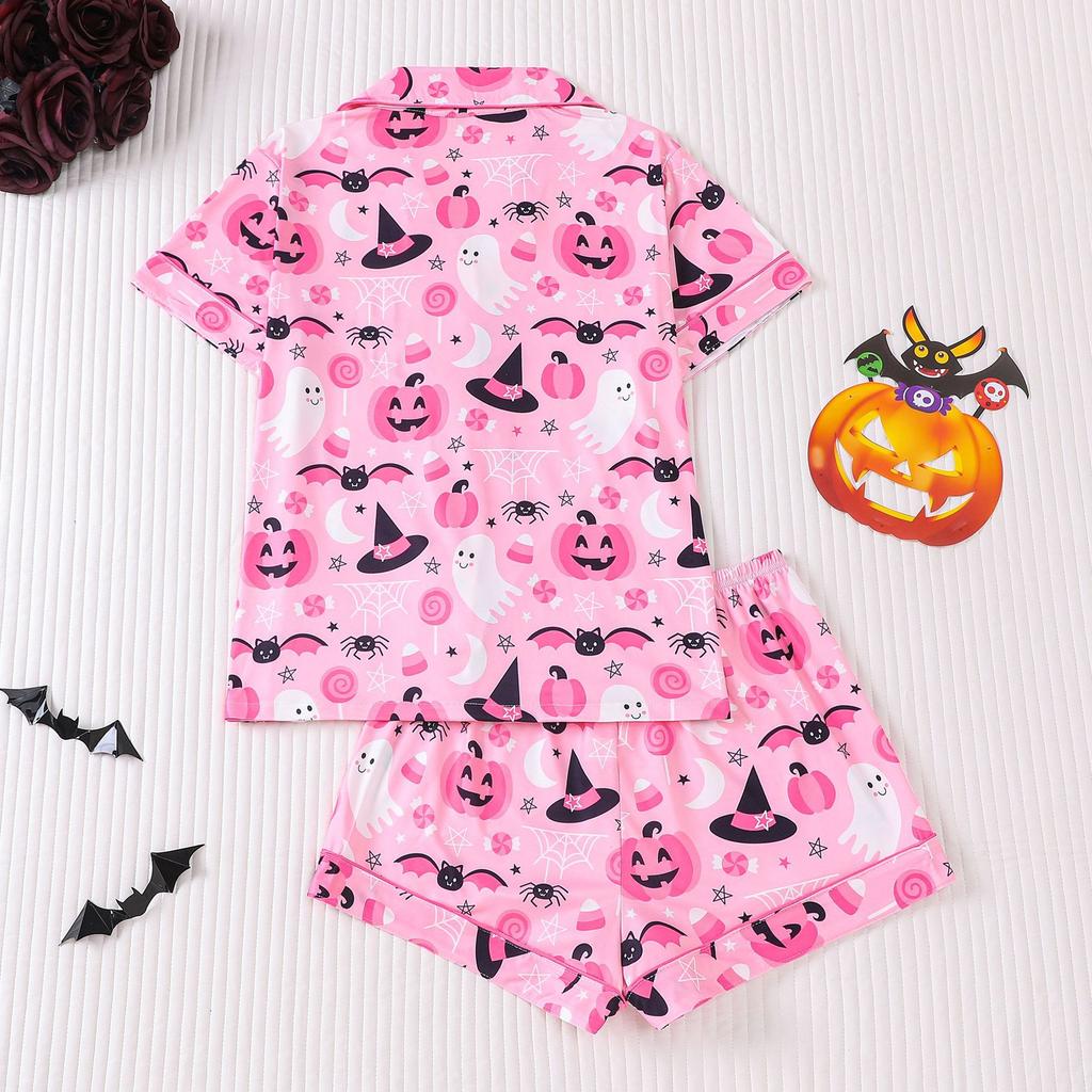 Ladies Pajamas Halloween Printed Lapel Short Sleeve Shorts Loungewear Set